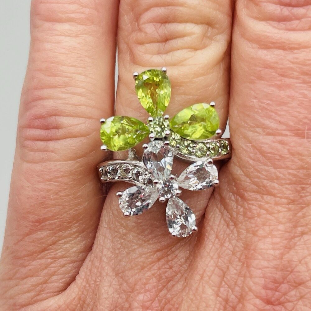 JTV Manchurian Peridot White Topaz Sterling Silver Floral Bypass Ring Size 7 New